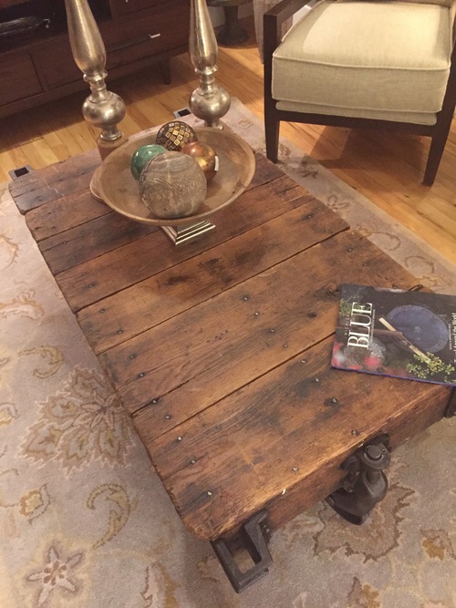 Reclaimed Factory Cart Benchmark, Rustic Railroad Cart Coffee Table