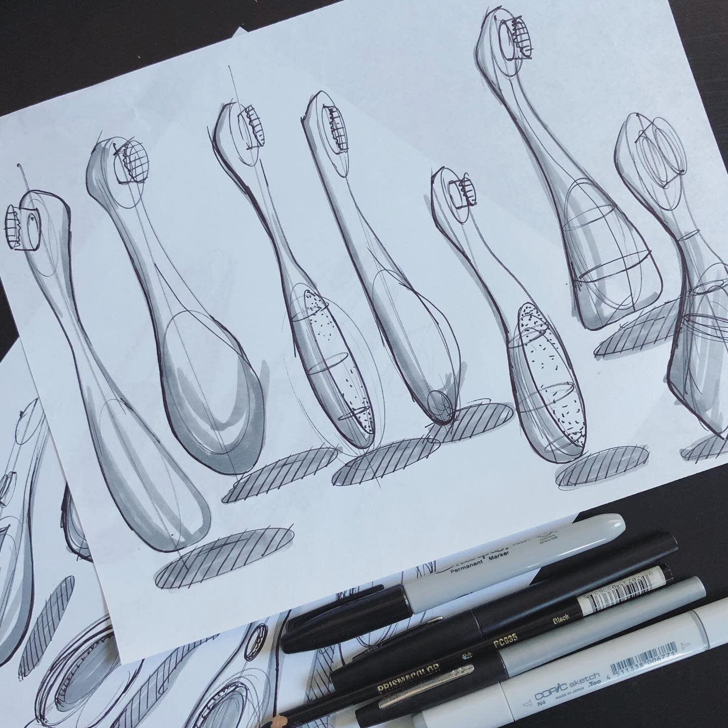 Quick form explorations

Here I am exploring handheld forms and shapes for an electronic toothbrush. 

 I&rsquo;ve always felt that pen on paper lends to more energetic lines and I like to begin most sketching explorations with this medium as it is a