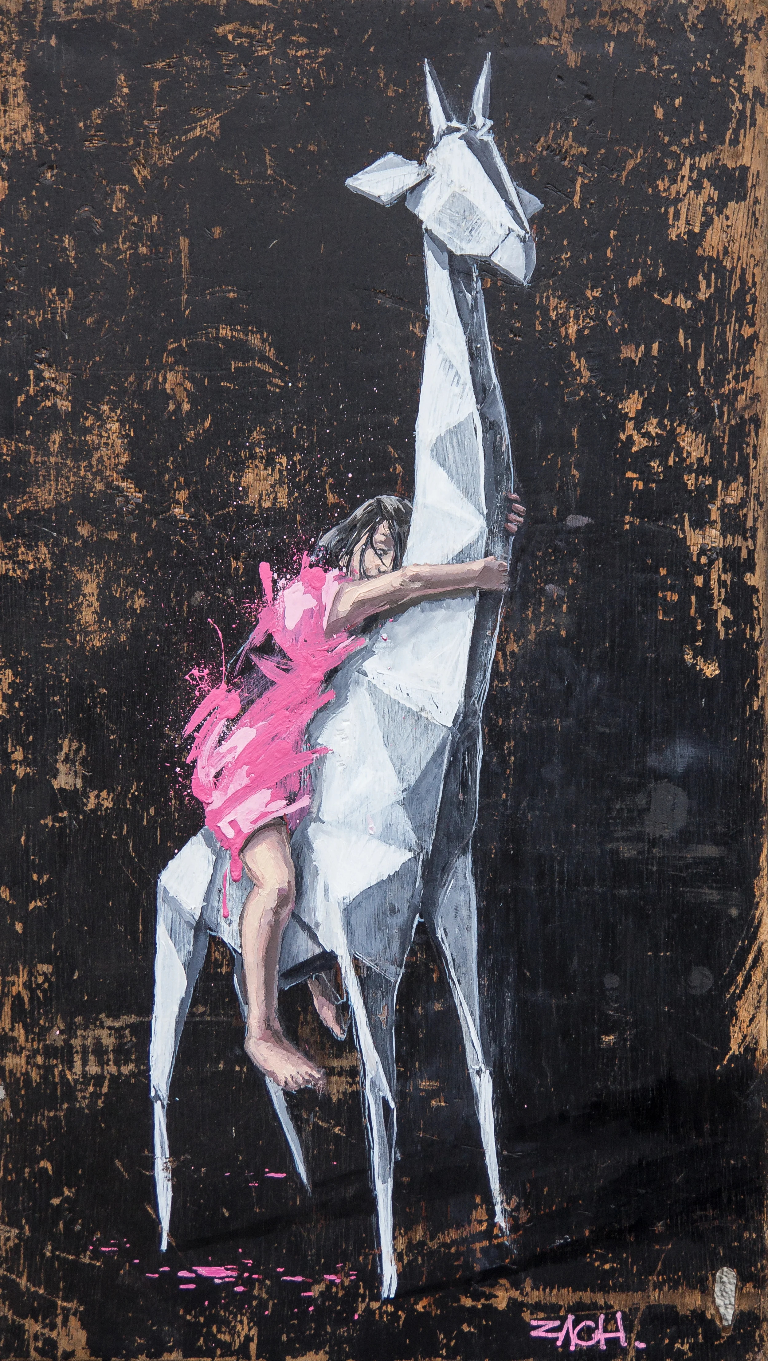 The Hug, Spray Acrylic and Oil on Found Object, 62cm x 36cm 4500 EURO..jpg