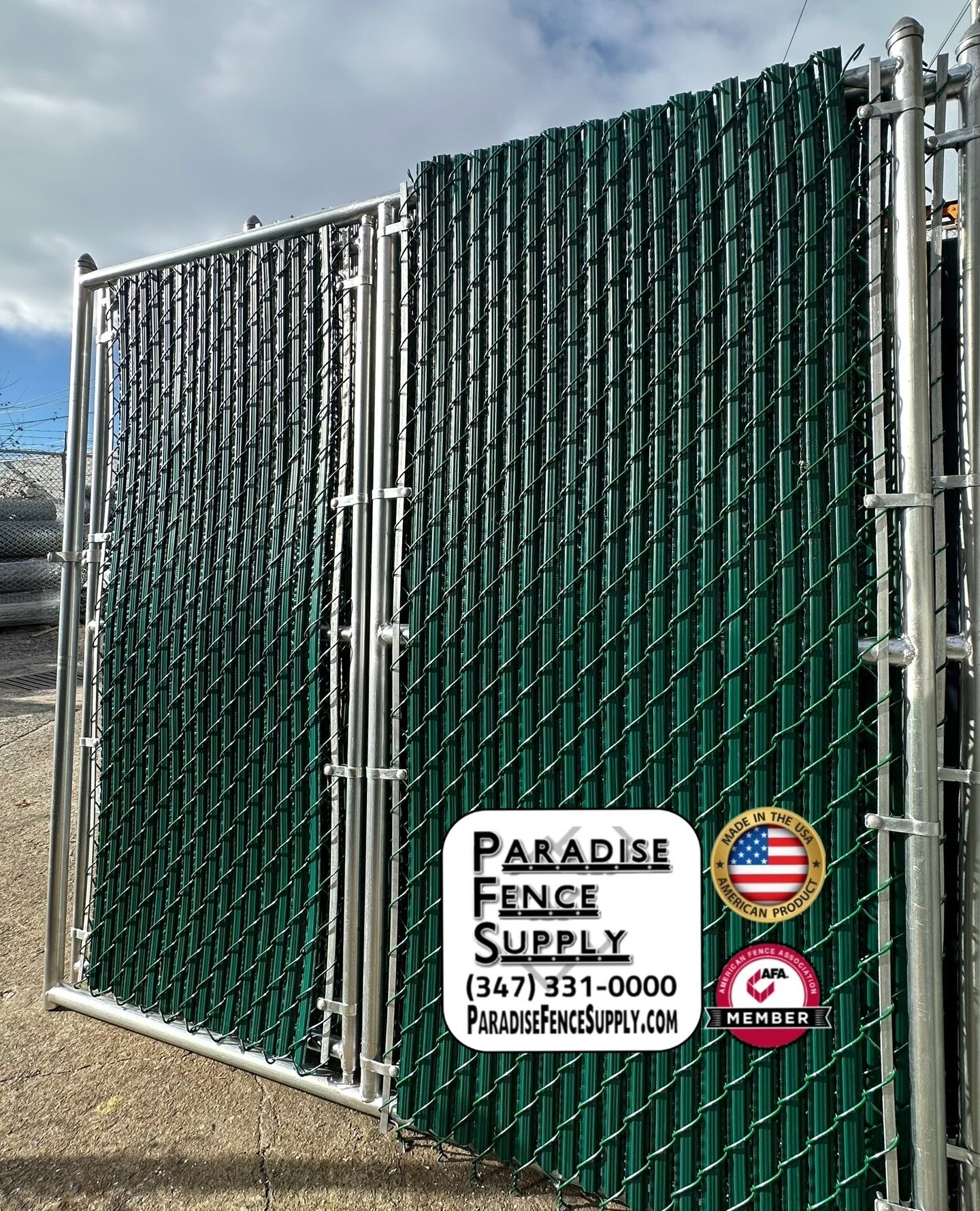 Custom Fabrication:A one-piece chain-link fence panel with an integrated walk gate, with privacy slats pre-installed. This item was manufactured according to customer specifications in our shop. Contact us today for all your custom fence needs. (347)