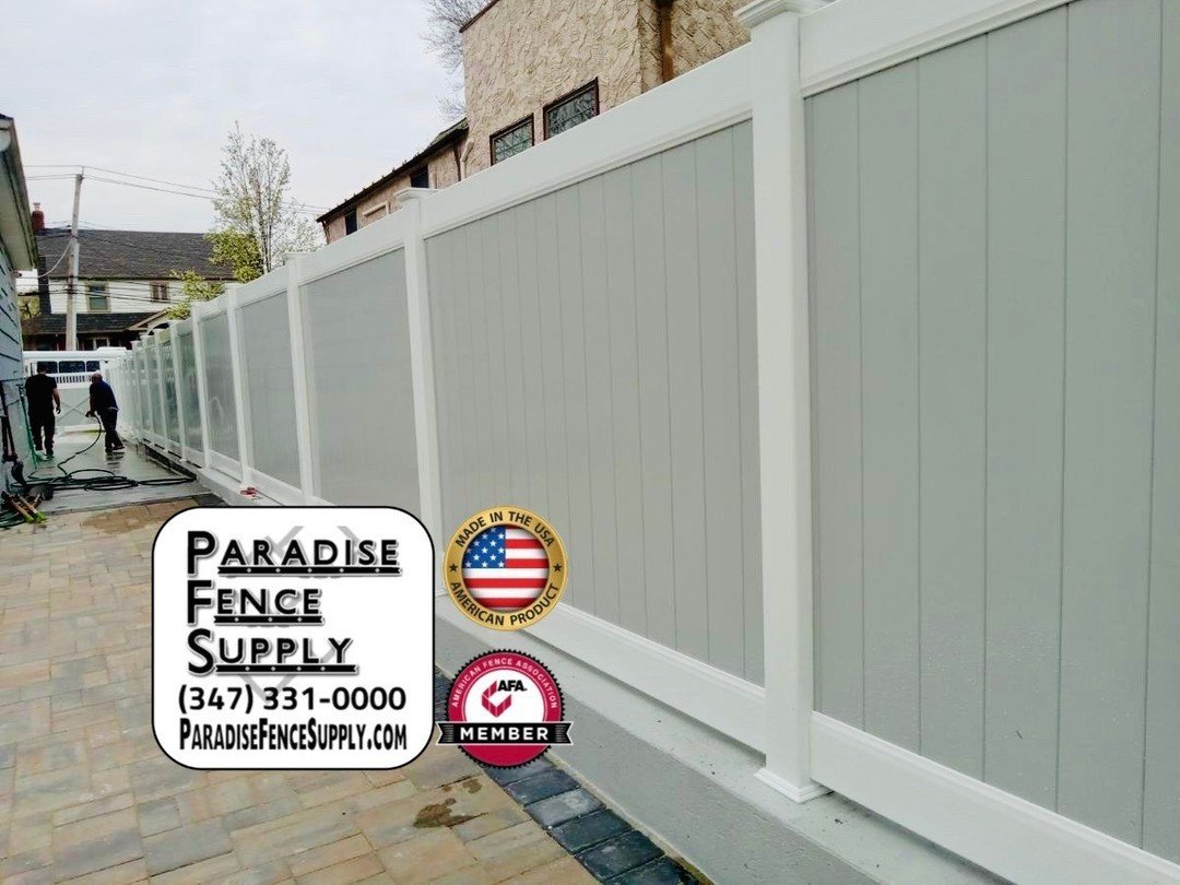 Check out our two-tone white and gray full privacy PVC fence, proudly made in the USA from only top-quality virgin vinyl. Why does this matter? Virgin vinyl is the premium choice for fencing materials, offering unparalleled durability. Unlike recycle