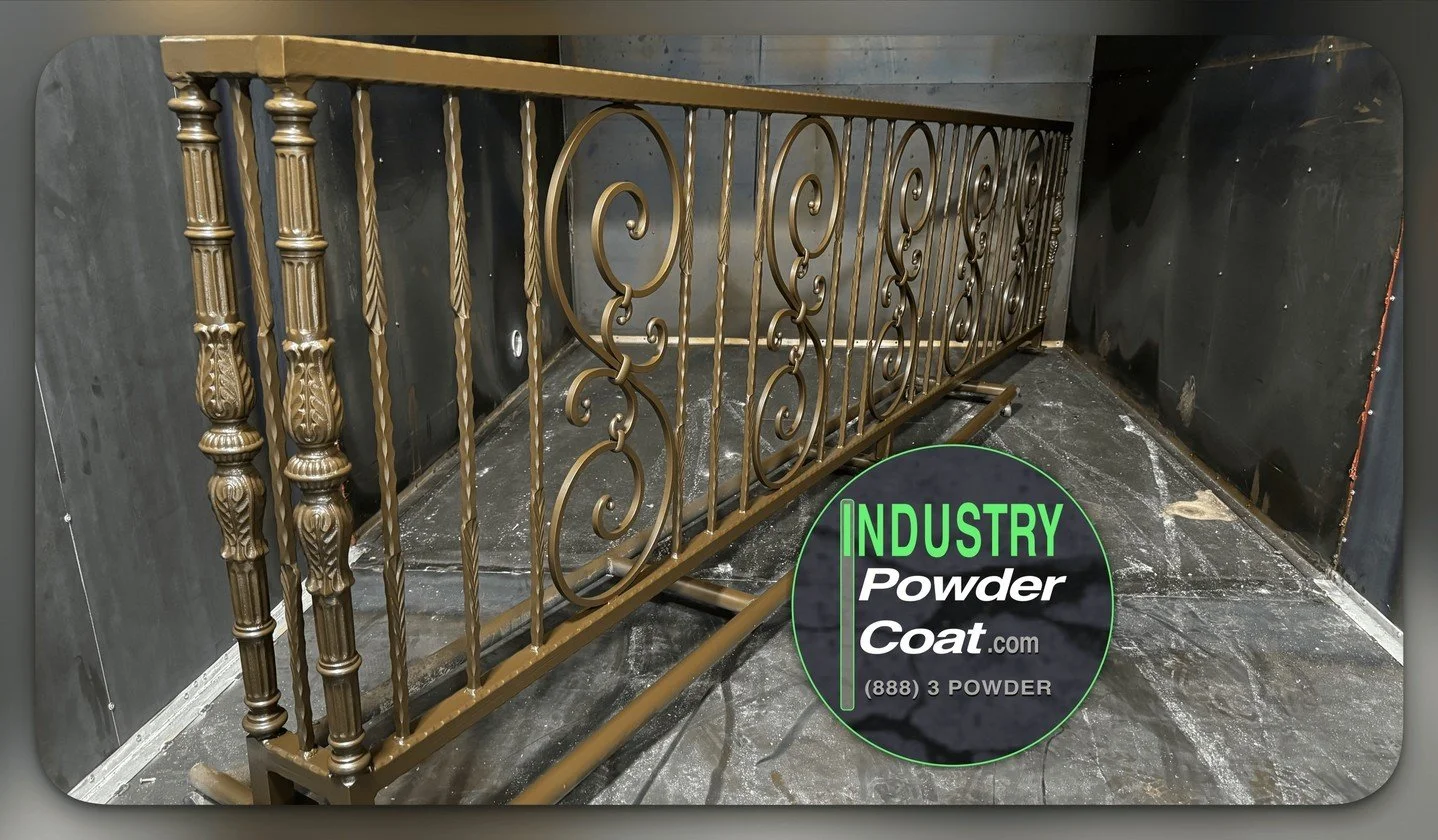 Custom railings powder-coated in a rich brown by Industry Powder Coat, primed with a zinc-rich base for superior rust protection, and finished with a durable brown topcoat. Industry Powder Coat services are available at Paradise Fence Supply. Visit u
