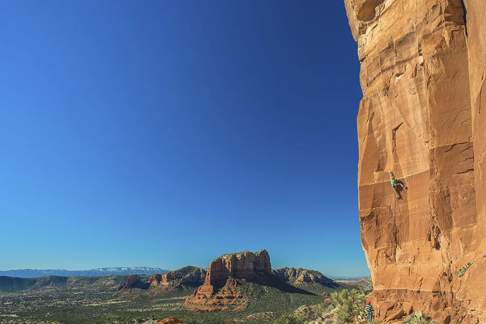 Jeff Snyder rock climbing in Sedona, Arizona.