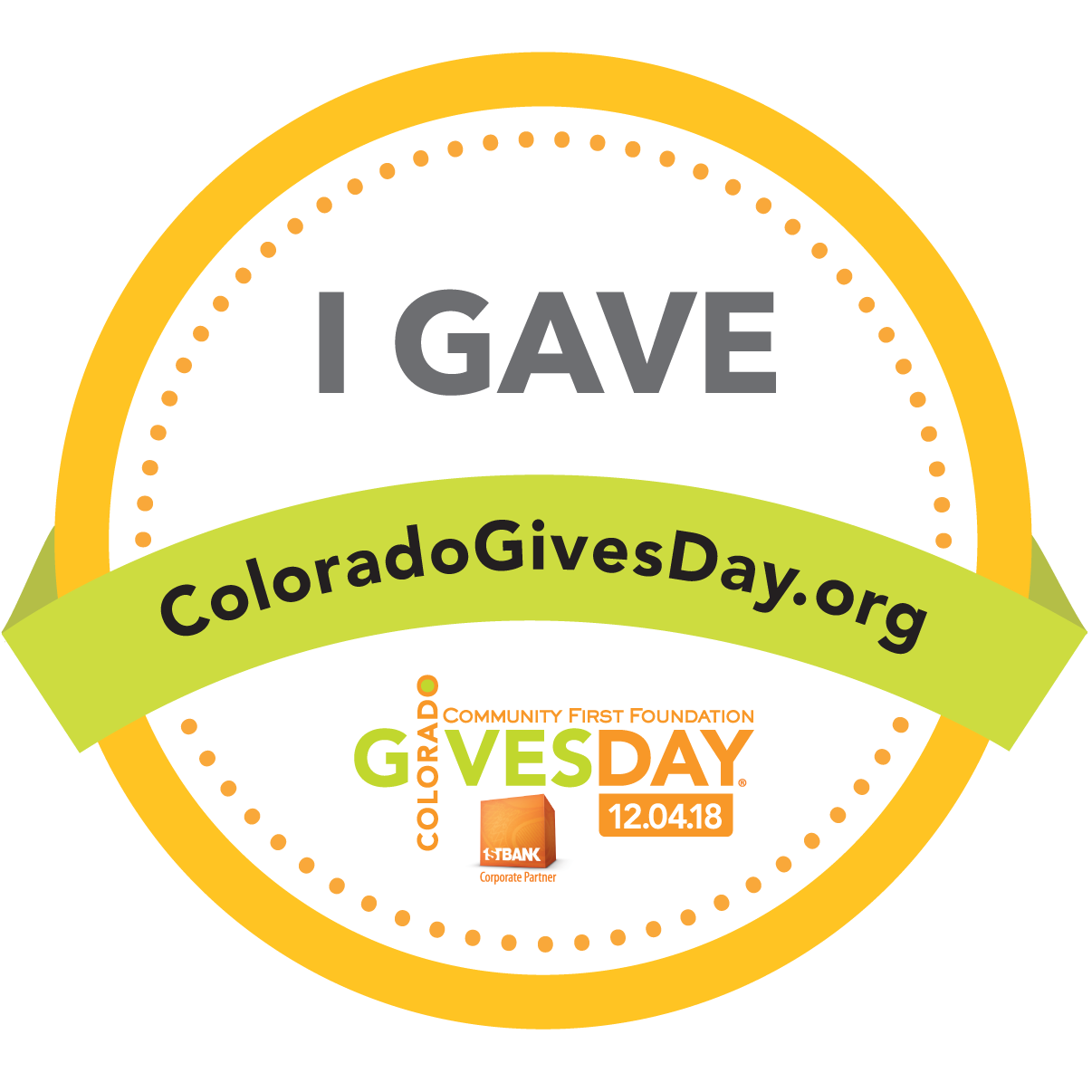 12/5/2018 Thank You Colorado for your support! Please feel free to right click and download the “I Gave” badge for your website, email, and social media. If you are interested, you can continue to give throughout the month of December and/or set up recurring donations on our site here or click the image above for more information.