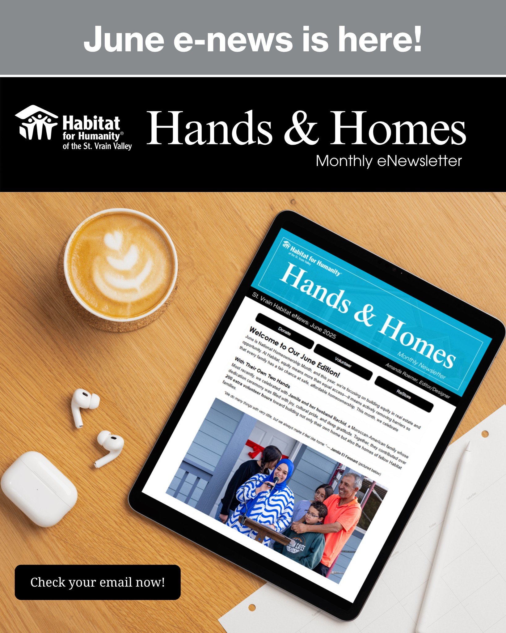 June &quot;Hands &amp; Homes&quot; is live! 👉 https://conta.cc/45l0GIC 
🏡 June = Homeownership, equity, and community 💙
This month&rsquo;s newsletter is full of stories, build days, and ways to get involved. Tap the link in bio to read more!
#StVr