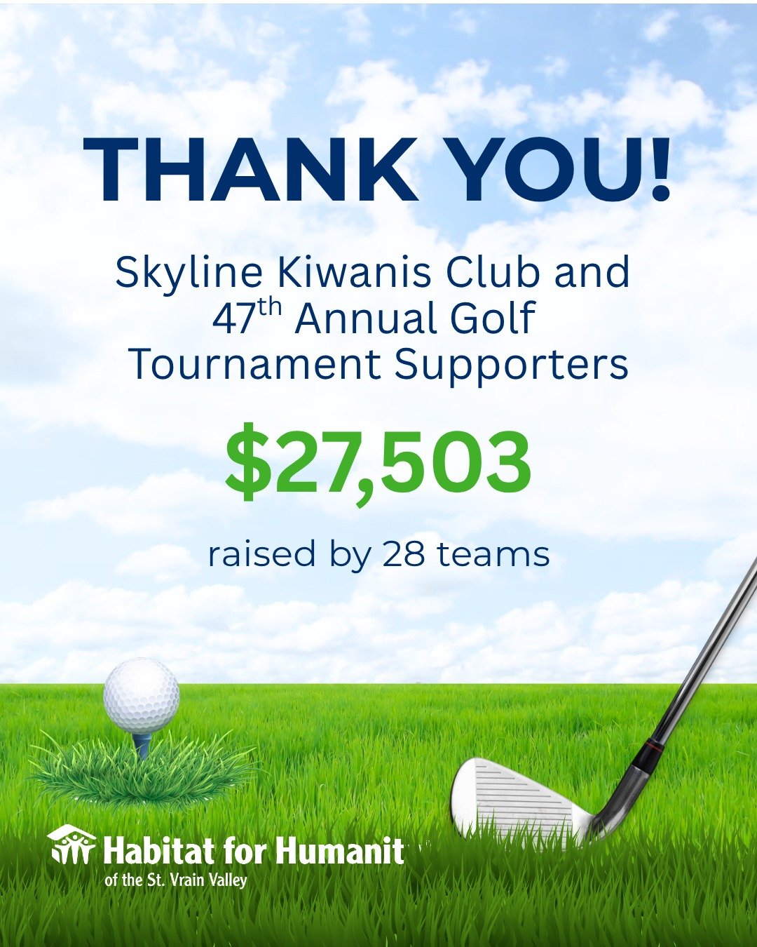 🏌️&zwj;♂️⛳ A huge thank you to the @skylinekiwanis Club, Longmont, CO, and everyone who joined the 47th Annual Golf Tournament!
🎉 With 28 teams and fantastic community support, the event raised $27,503, with $22,002 supporting Habitat's Sugarmill c