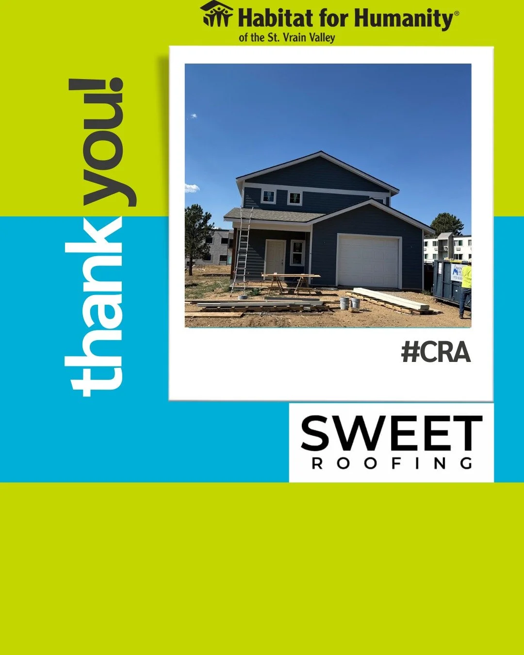 Huge thanks to the Colorado Roofing Association and Sweet Roofing for putting the roof on the new Habitat home in Estes Park! 

Your generosity and skilled work are helping create a safe, stable place for a local family to call home. Every shingle is