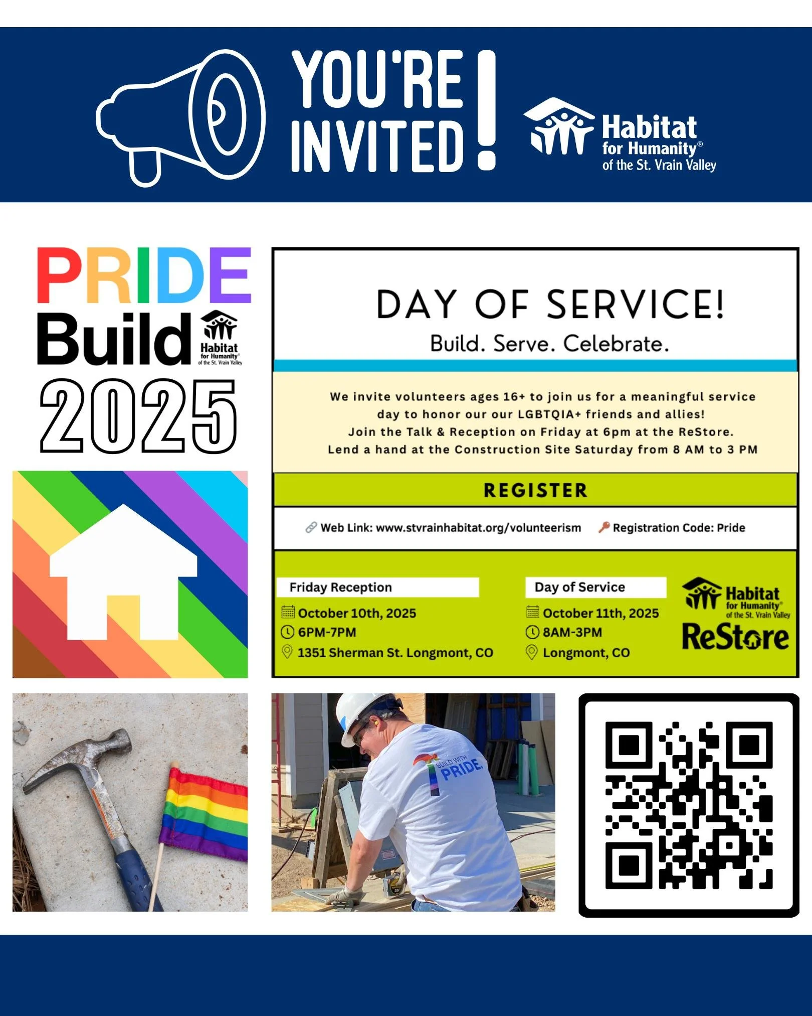 🌈💪 Build. Serve. Celebrate. 💪🌈
We&rsquo;re gearing up for our 2025 PRIDE Build &amp; Service Day!
✨ Celebrate and honor our LGBTQIA+ friends and allies
✨ Lend a hand at the construction site or ReStore
✨ Be part of something meaningful 💛
📅 Oct.