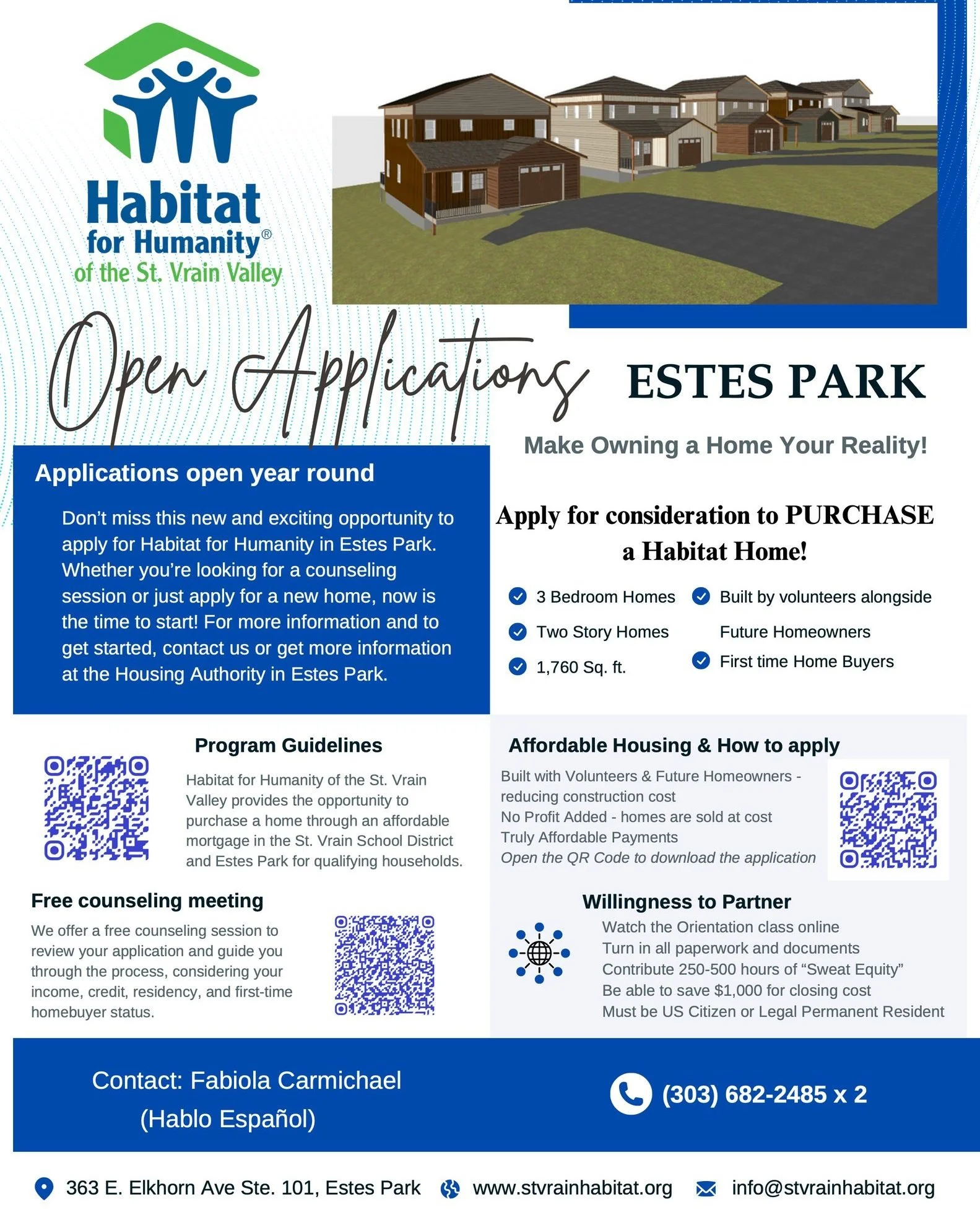 Make owning a home your reality! Applications are now OPEN for Estes Park! 🏠
📍363 E Elkhorn Ave Ste. 101, Estes Park
🌎www.stvrainhabitat.org
📧info@stvrainhabitat
