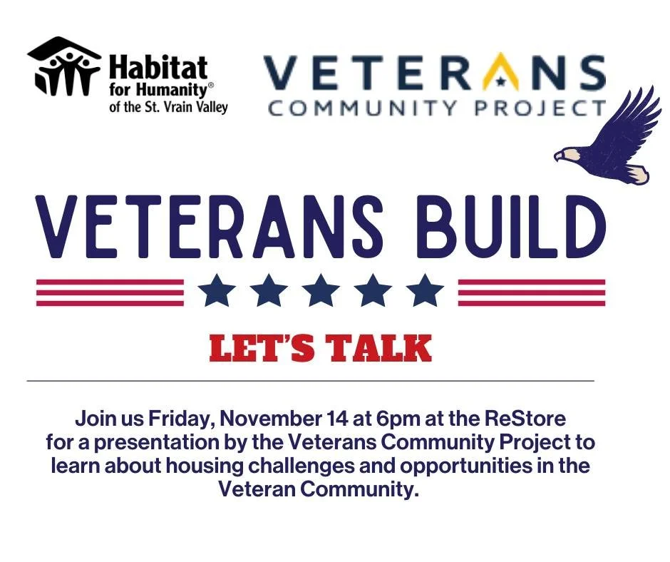Join us for Veterans Week with Habitat!

📅 Fri, Nov. 14 at 6 PM &ndash; &ldquo;The Talk&rdquo; at the ReStore
The Veterans Community Project (VCP) will lead a discussion on housing challenges and opportunities for Veterans &mdash; plus enjoy Mama Me