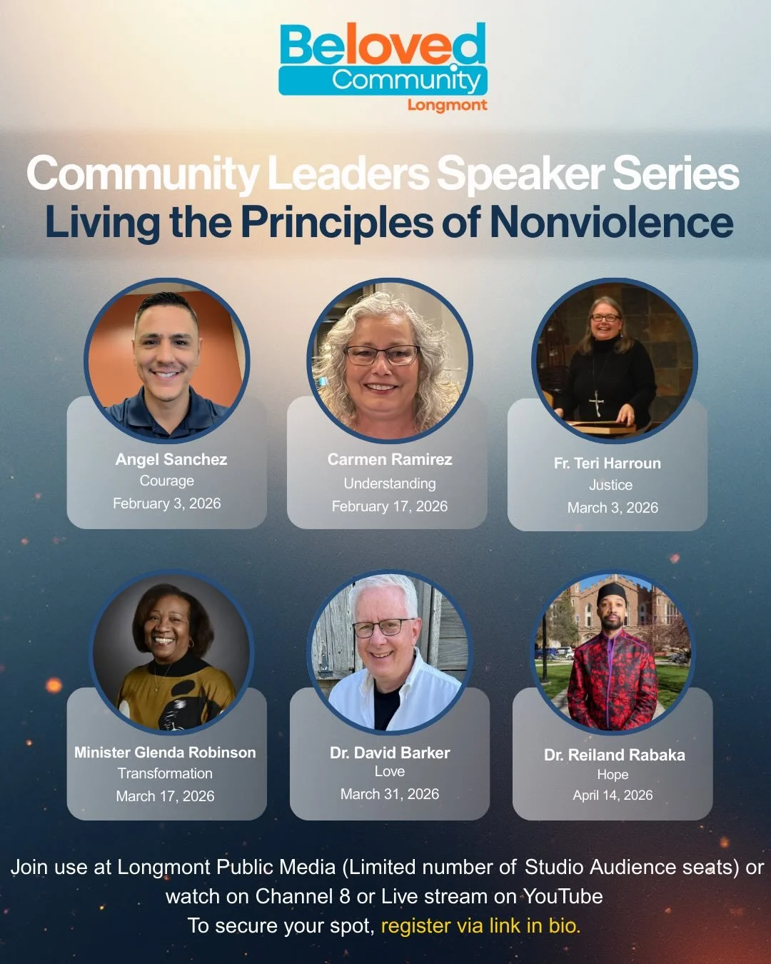 Introducing our Beloved Community: Community Leaders Speaker Series!
&nbsp;
Local leaders from across our region are coming together to share how they live Dr. Martin Luther King Jr.&rsquo;s six principles of nonviolence through advocacy, leadership,