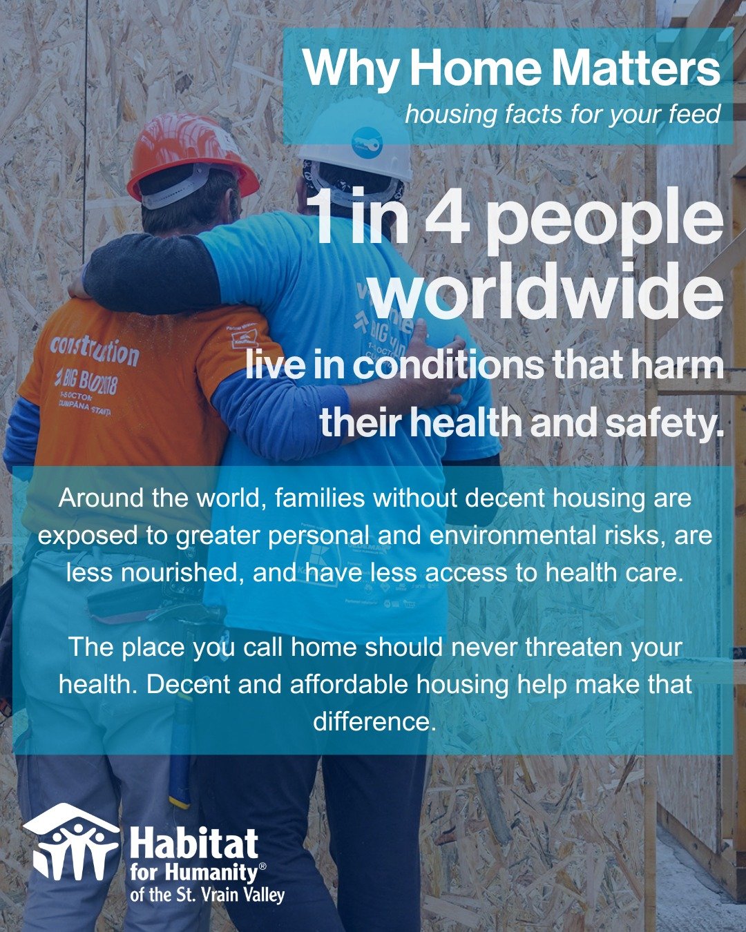 Everyone deserves a home that supports their health, safety, and dignity.

Around the world, 1 in 4 people live in housing conditions that can expose families to environmental risks and limit access to basic needs like safe water, nutrition, and heal