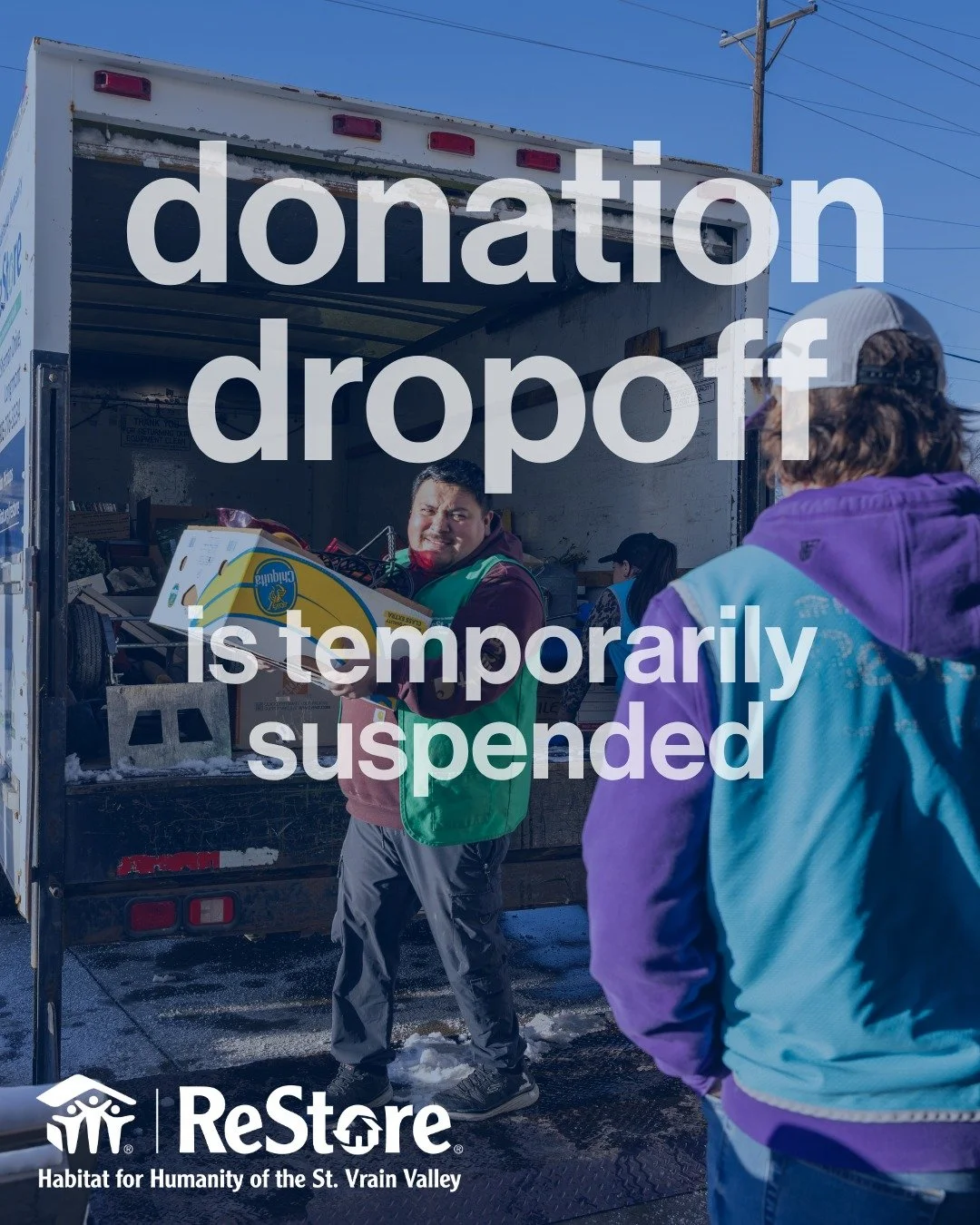 An important update on our ReStore: 

Beginning Saturday March 28th the ReStore will be temporarily suspending drop off donations at our new ReStore location (33 S Pratt Parkway). We apologize to our donors for this inconvenience and disruption to se