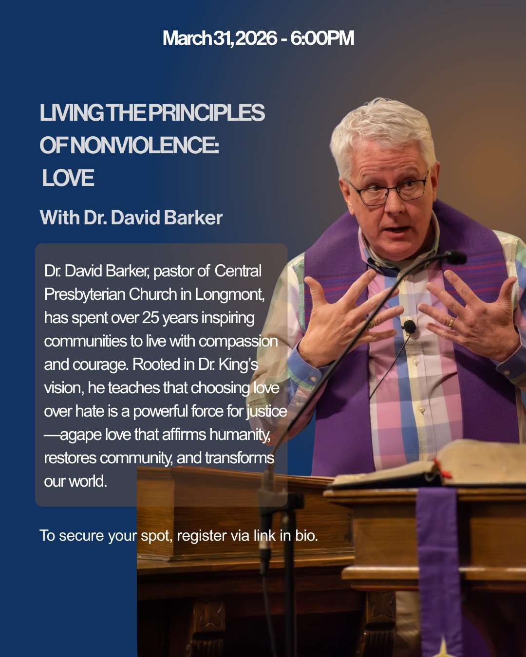 Living the Principles of Nonviolence: Love

🗓 March 31, 2026 | 6:00 PM
🎤 With Dr. David Barker

Choosing love over hate is a powerful act of nonviolence. Dr. David Barker reflects on agape love &mdash; a love that affirms humanity, restores communi