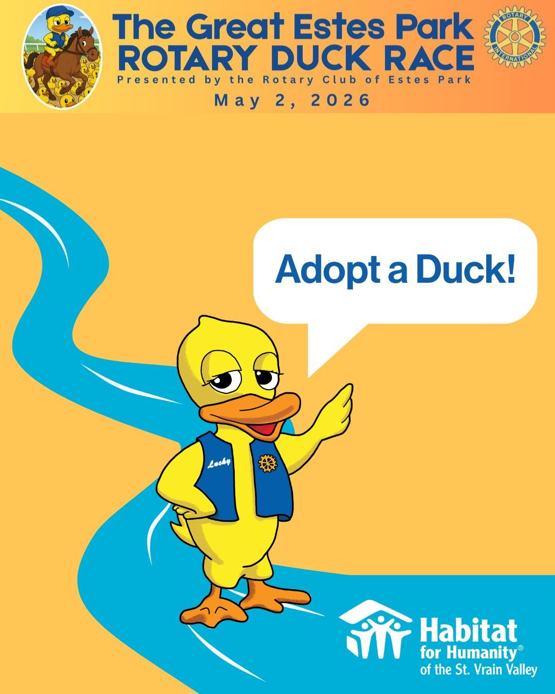 We&rsquo;re excited to be part of the 2026 Estes Park Rotary Duck Race 🐥

Adopt a duck and choose St. Vrain Habitat to support affordable homeownership in our community.

Every duck makes a difference.

Adopt yours at the link in bio.
