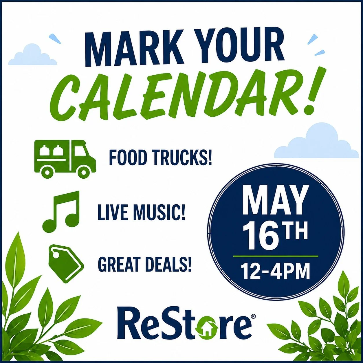 🚨 MARK YOUR CALENDAR 🚨
Food trucks ✔️ Music ✔️ Deals ✔️
📅 May 16 | 12&ndash;4 PM (shop 10-6)
👉 Drop a 🎉 if you&rsquo;re coming!
#HabitatReStore #FamilyFun