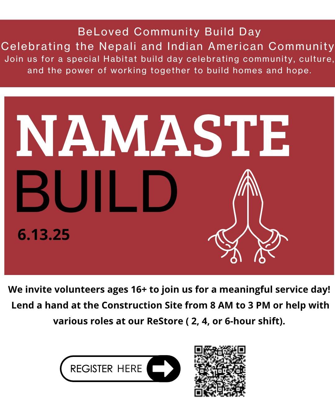 🌟 GIVE BACK. BUILD HOPE. JOIN THE NAMASTE BUILD. 🌟
On June 13, volunteers from across the community will come together for a special Habitat build day celebrating the Nepali culture and community.
Whether you swing a hammer, organize at the ReStore