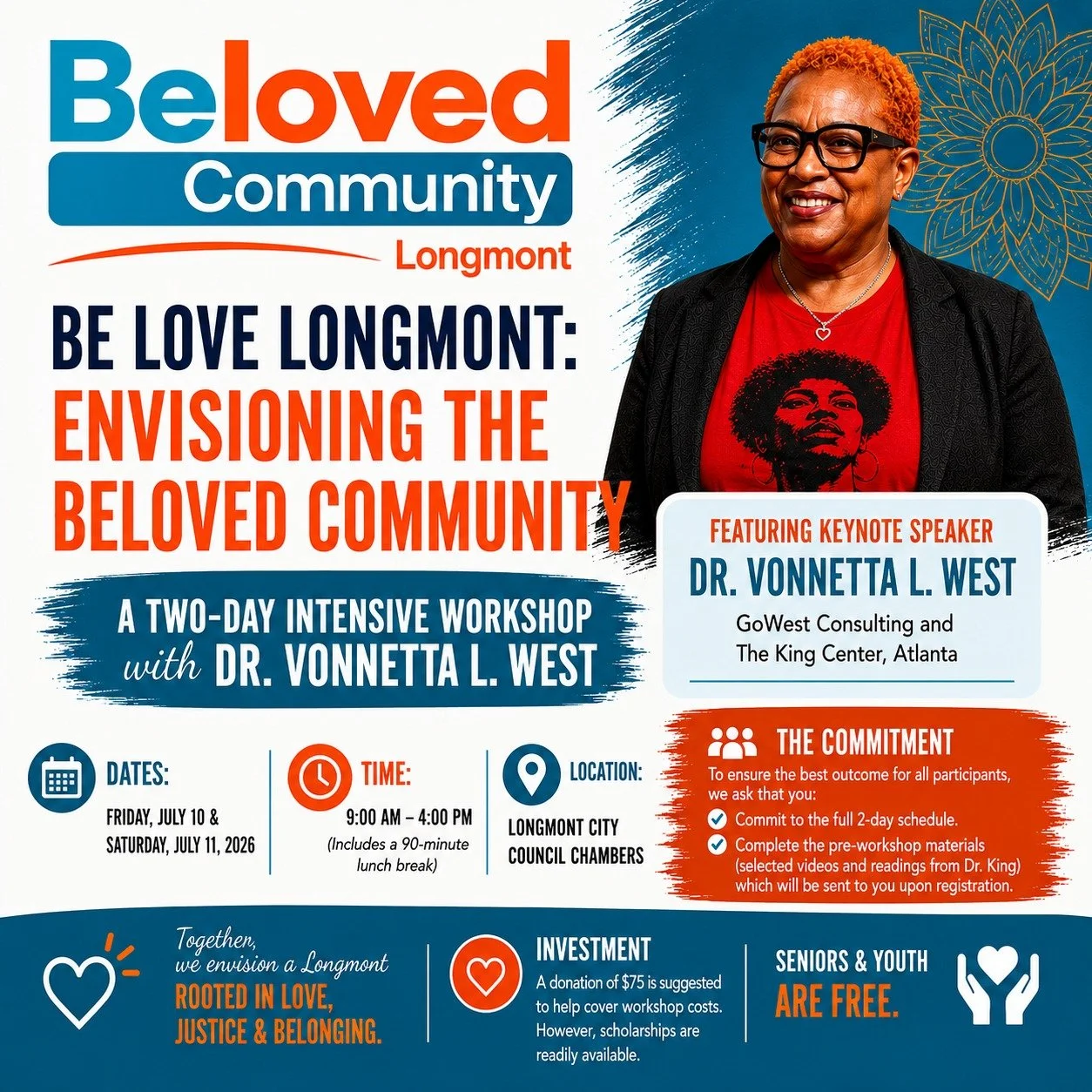 ✨ Be Love Longmont: Envisioning the Beloved Community ✨
Join us for a transformational two-day workshop with keynote facilitator Dr. Vonnetta L. West as we explore how to build a more just, connected, and thriving community together.
📅 Friday, July 