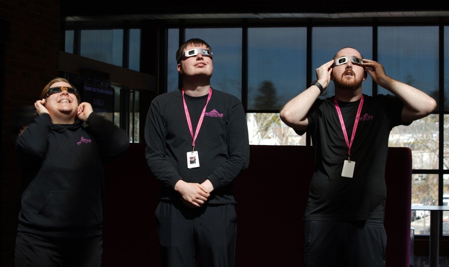 Prospects enjoying the solar eclipse today! 🌘🍿😎 ⁠
.⁠
.⁠
.⁠
.⁠
.⁠
Photo caption: Prospects stand outside the Theater wearing solar eclipse glasses as they look to the sky. #SparkleOn #ProspectorTheater #WorkingIsWorking #SolarEclipse