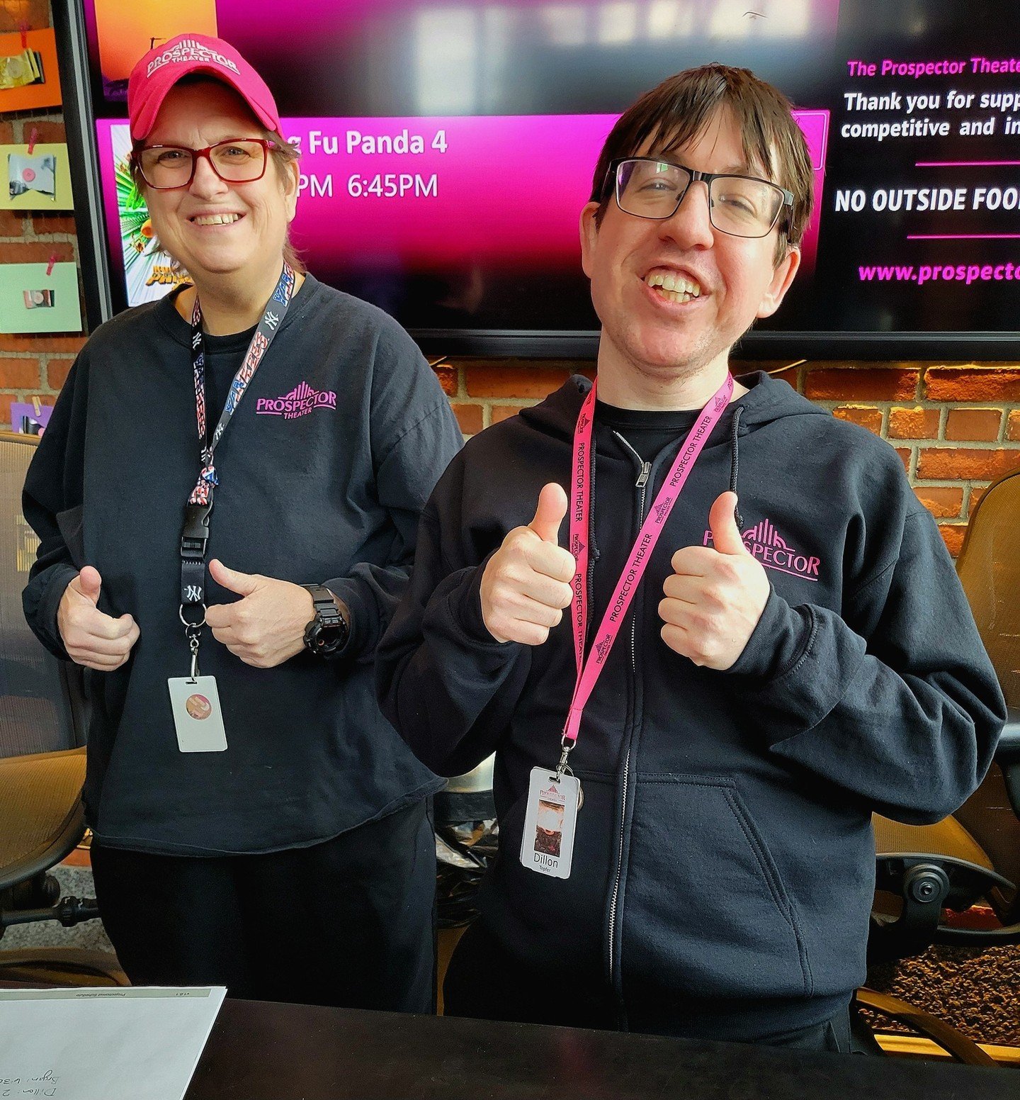 It's always a great day when you're a Prospect 🍿🎥💖 ⁠
.⁠
.⁠
.⁠
.⁠
.⁠
Photo caption: Dillon and Diane give a thumbs up in Box Office. ⁠
#SparkleOn #ProspectorTheater #WorkingIsWorking