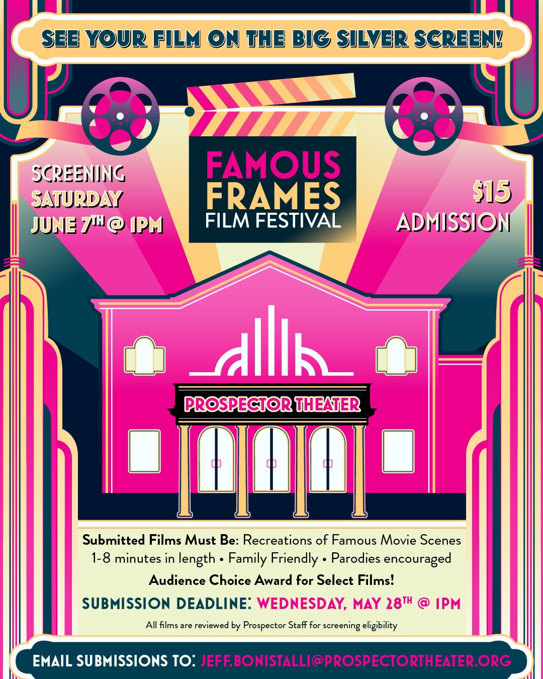 Make sure to join us this Saturday for The Famous Frames Film Festival! ✨️⁠
⁠
Purchase tickets here on our website, link in bio!🍿🎥⁠
.⁠
.⁠
.⁠
Graphic Caption: A banner at the top of the graphic reads &quot;See your film on the big screen,&quot; foll