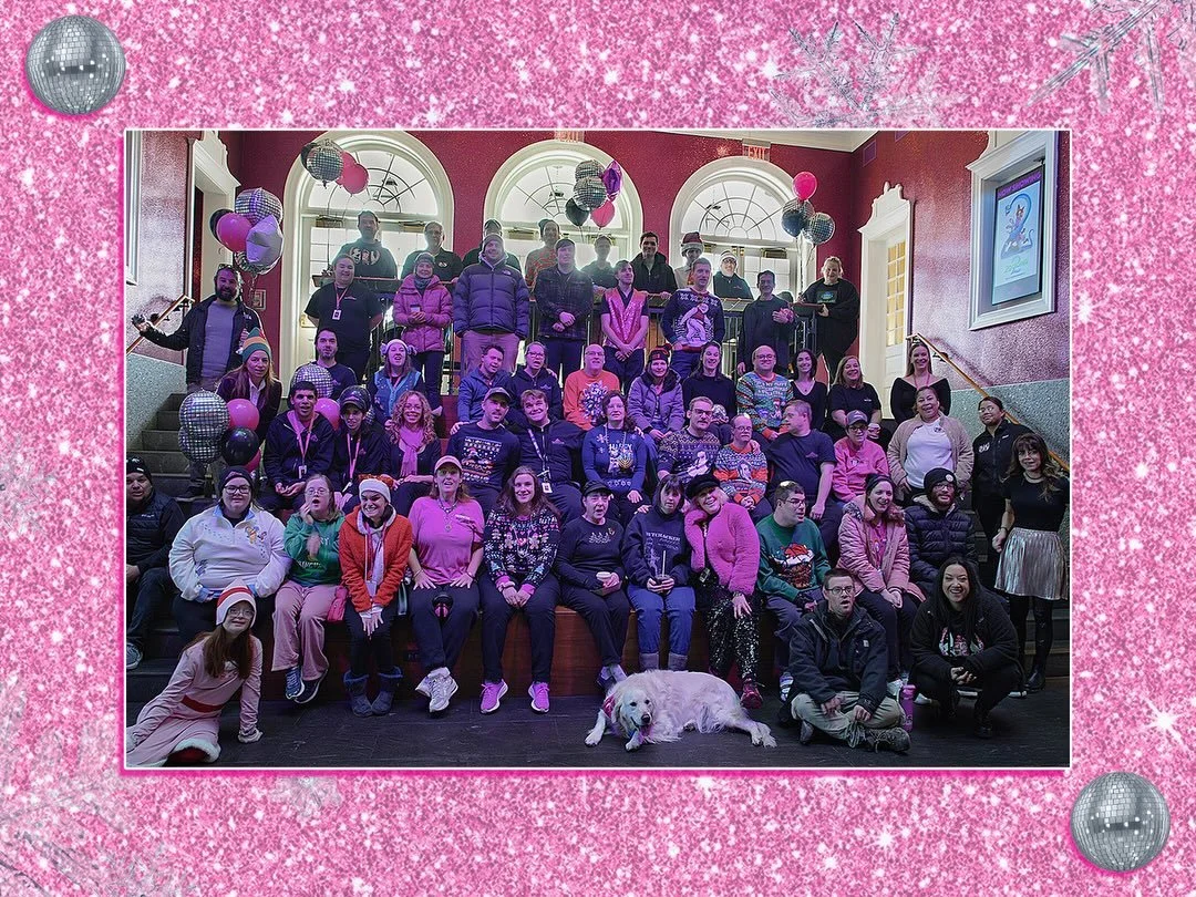 We had a blast at the Waffle Disco yesterday! Happy Holidays everyone, and sparkle on! 💖🧇 @wafflecabinct 
.
.
.
Photo Captions: 
1) A group photo of over 40 Prospects and Gems is placed on a pink, winter-themed disco background. 
2) Six Prospects s