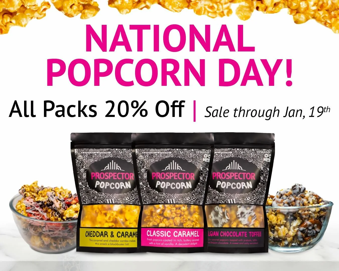 Happy National Popcorn Day! 🍿✨

Grab some of our delicious gourmet popcorn, all packs are 20% off. Get yours with the link in our bio! 
.
.
.
.
.
Graphic Caption: This graphic includes popcorn flakes on the top border. In the center, there are Chedd