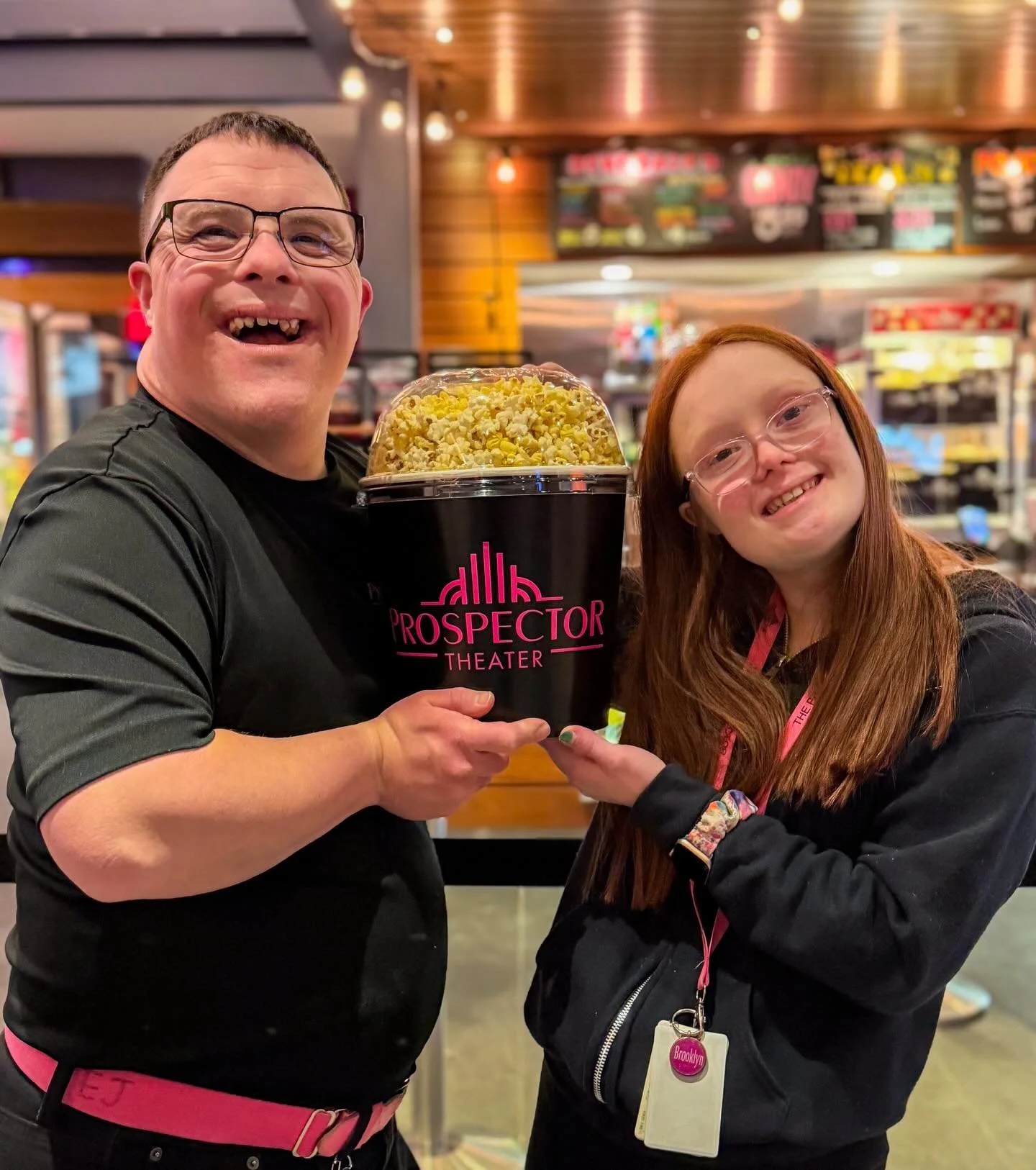 Service with a smile! ✨🍿🎬💖
.
.
.
.
.
Photo Caption: EJ and Brooklyn show off their sparkly smiles in the lobby of The Prospector. They&rsquo;re holding a mission bucket filled with popcorn.
.
.
.
.
.
#TheProspector
#WorkingIsWorking
#SparkleOn
#CT