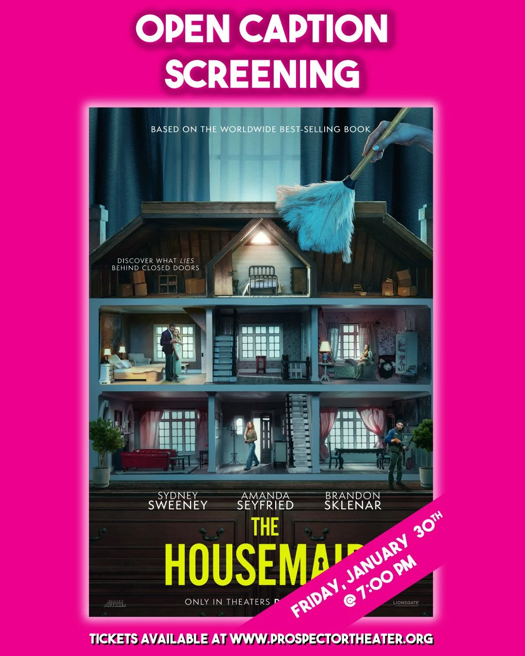 Join us for an open caption screening of "The Housemaid" on Friday, January 30th at 7:00 PM.⁠
⁠
Get your tickets with the link in our bio! ✨⁠
.⁠
.⁠
.⁠
.⁠
.⁠
Graphic Caption: The movie flyer of "The Housemaid" is placed on a pink b