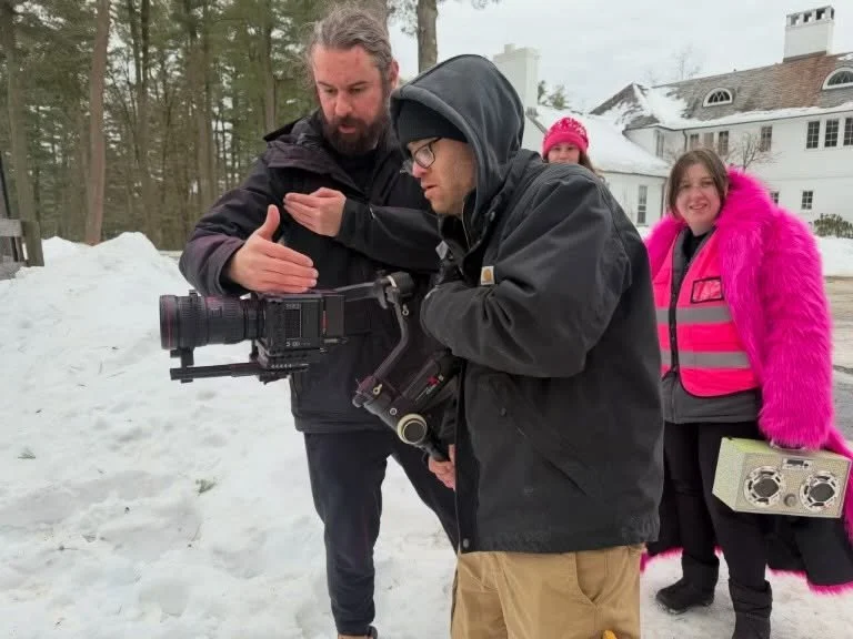 Maple season is here! Sweet work happening with Prospects and Gems at Gemstone Farm. 🍁✨
.
.
.
.
Photo Captions: 
1) Outside in the snow, Gabe and Ian use a movie-grade camera to film an upcoming video. Behind the two, Amanda and Jenny are dressed in