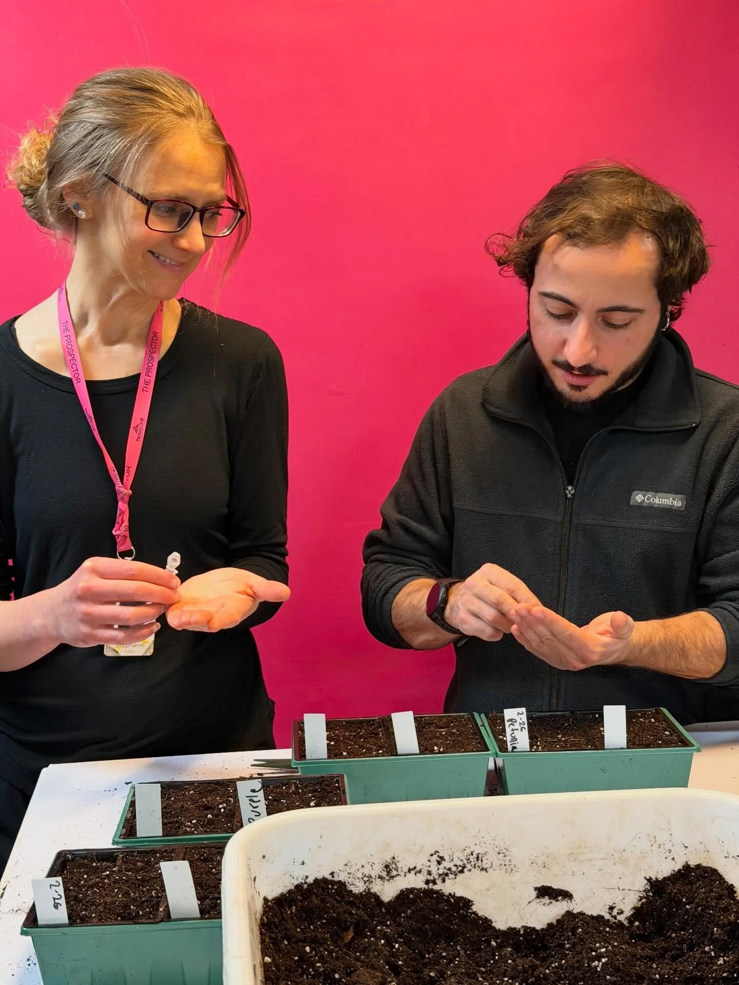 Spring is a few days away! Our team is planting seeds to get the garden started for the season! 🌱✨
.
.
.
.
.
Photo Caption: Stephanie and Adam hold flower seeds in their palms before placing them into soil pots for the spring garden. 
#TheProspector