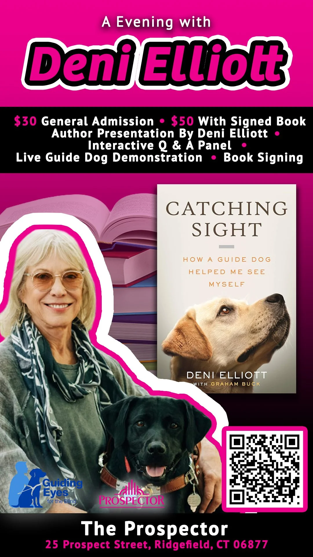 A Evening with Deni Elliott. $30 general admission $50 with a signed book. Author presentation by Deni Elliott followed by an interactive Q&A panel then a live guide dog Demonstration and  book signing. Photo © Kristine Paulsen Photography