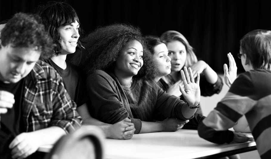 In rehearsal , Sabrina (centre) with Alex Kirkham , Jamie McNicholas , Elly Fenton & Annie Imrie-Cook (Photo courtesy of Front of House Photography )