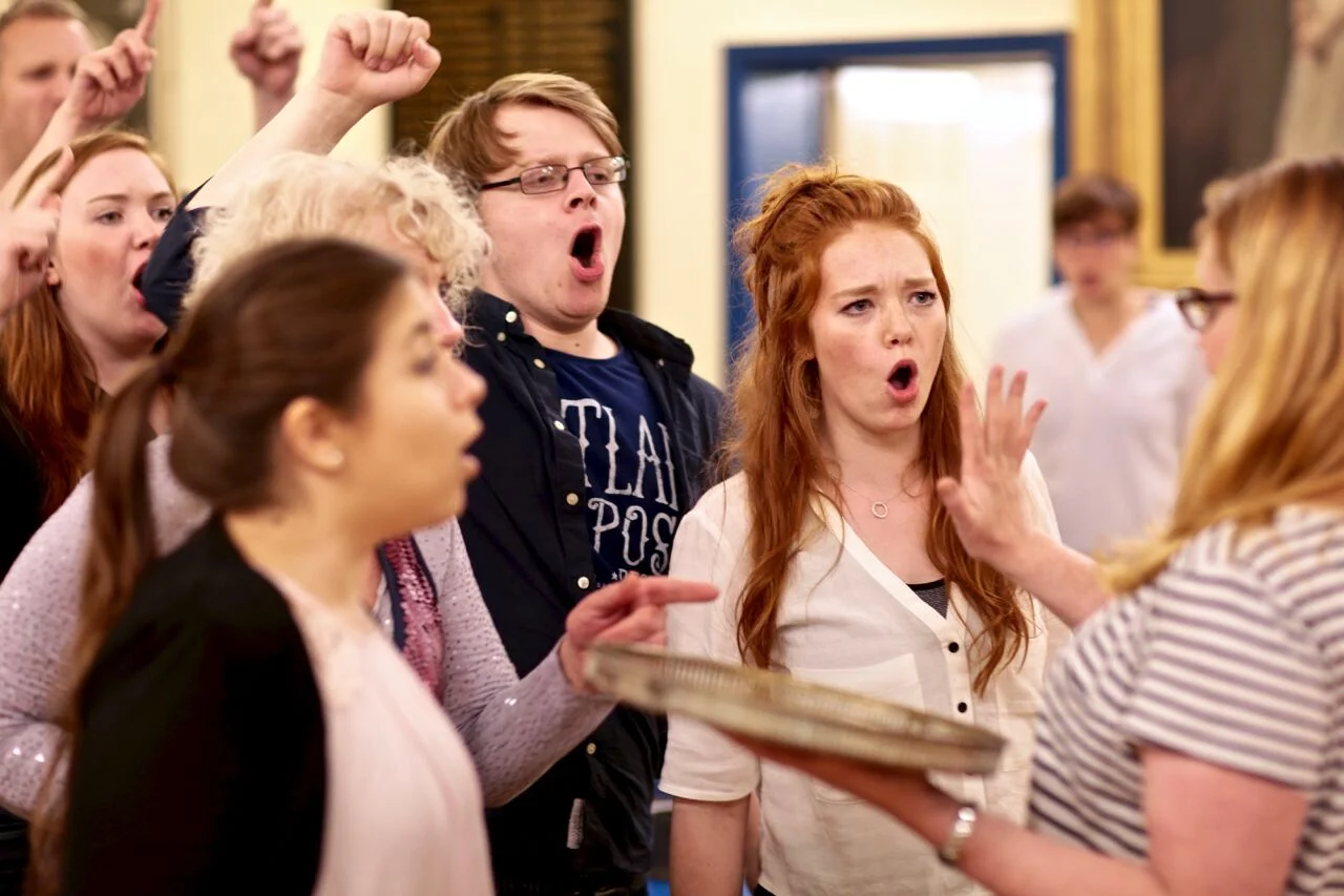 Ellie in rehearsal with Anna Tippelt, Jon Bingham and Sarah Jones (Photo courtesy of FRONT OF HOUSE PHOTOGRAPHY )