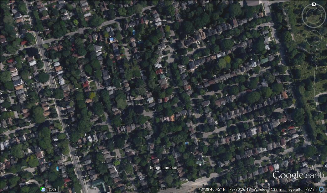 A Google Earth image of an area in Toronto, Canada.