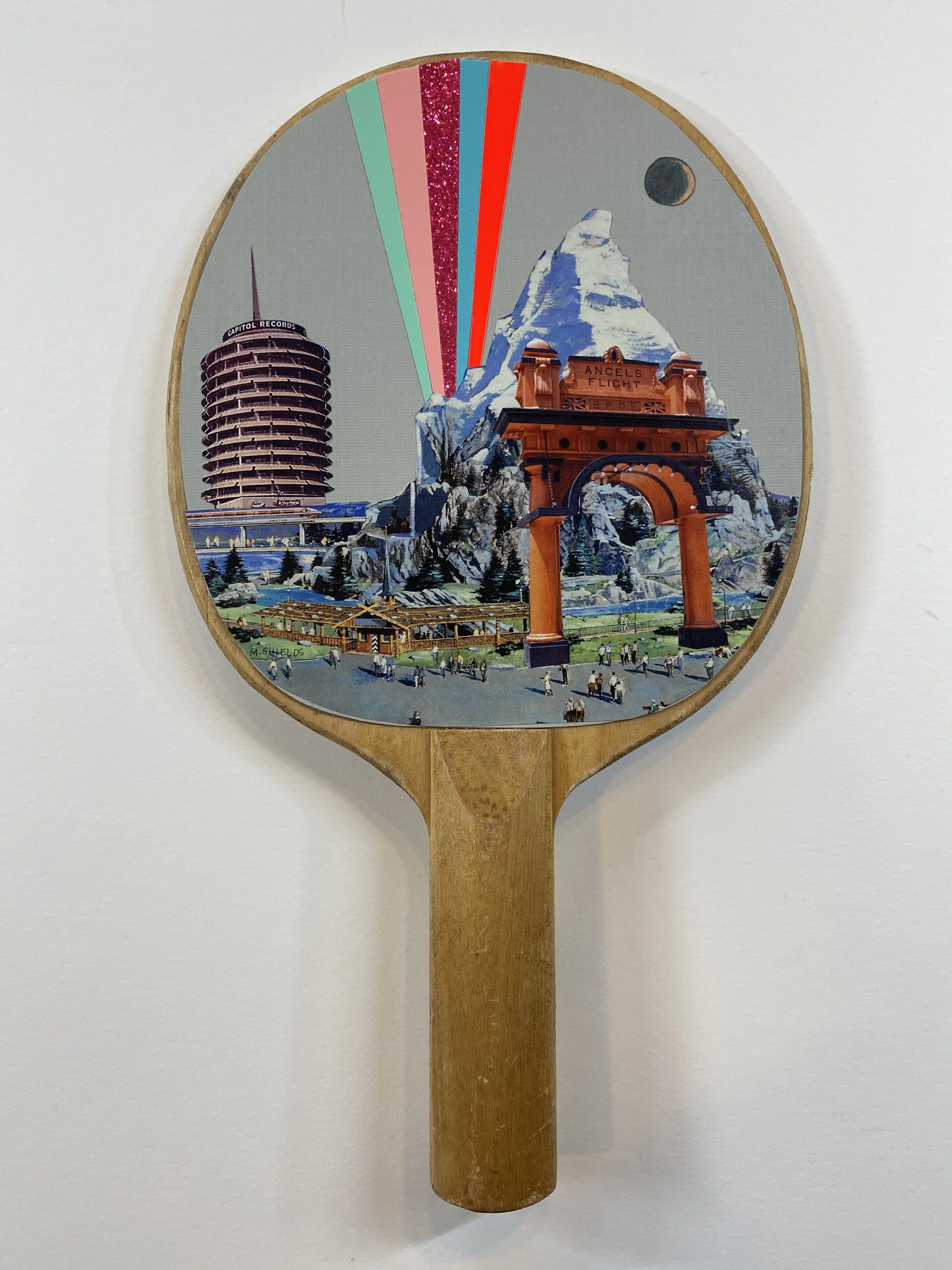  Mixed media on vintage wood ping pong paddle, 11" x 7", 2024. Available. 