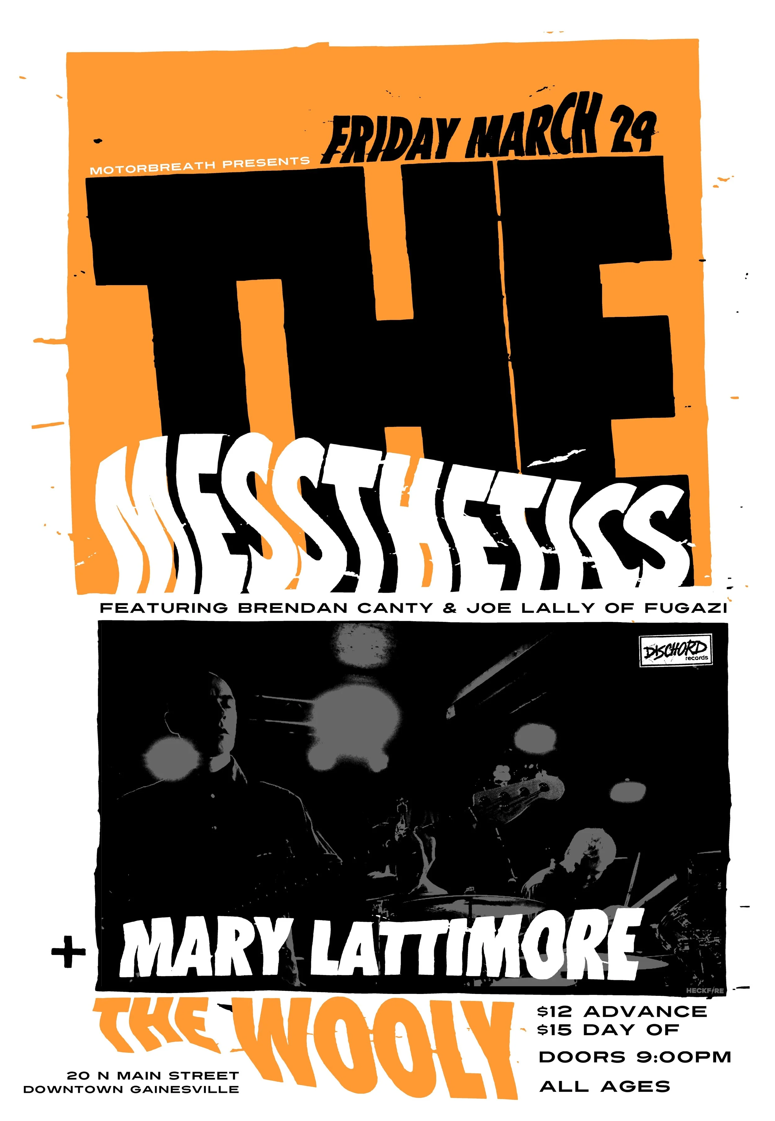 Friday, March 29 Motorbreath Presents The Messthetics (Dischord Rec, featuring members of Fugazi) Mary Lattimore / Harpist + TBA at The Wooly: 20 N Main Street, Gainesville FL 32601 Doors at 9pm, $12adv / $14dos (All Ages Show) Buy Tickets Tickets available at Hear Again & Arrow’s Aim Rec The last time drummer Brendan Canty and bassist Joe Lally were in a band together, they were the rhythmic architects for Fugazi, an organization whose decade and a half of disciplined progressivism provided a necessary bridge between the zenith of late-punk expression and everything alternative in rock that followed. In 2016, the two were enlisted by guitarist Anthony Pirog in a conspiracy to subvert and reimagine the power trio, bringing fully into the 21st Century a form that may have reached near perfection with Hendrix’s Band of Gypsys on the very first day of the 1970s. With a self-titled recording scheduled for release in the Spring of 2018 on Dischord, the Messthetics will widen the reach of a decisive instrumental music that so far, they have only shared with a privileged handful of east coast and southern audiences. Across its eight original compositions and one cover, Anthony guides the sound through complex changes and harmonic densities that might compound, but never confound or muddy its connection with the listener’s body. Recorded by Brendan in their practice space, the group’s debut gives Anthony ample opportunities to swap guitar textures and styles as freely as an octopus changes patterns. Brendan’s kit has a big heavy bell that he brought back from the Fugazi days. He maneuvers through this rhythmically shifty music with a fluid briskness that is periodically disrupted by the clang of his bell. Joe spent 8 years in Italy, among other things, woodshedding on eastern rhythms counted in 7 and 13, perfect preparation for the oddly-metered work of the Messthetics. He brings a rock-solid foundation to the groove at the same time playing a harmonic complement as ambitious and interesting as Anthony’s lines. Bands can be dangerous when their members have accrued enough mileage to see their chops season into something like musical wisdom. When that understanding has the rare opportunity to percolate through a collaborative environment founded in love and anchored in gratitude, well, then shit can get rather intense. Anthony Pirog writes difficult music because original music usually is. Yet the ideas that he feeds through the Messthetics, are embraced by the Canty-Lally time machine, not just with precision and nuance, but with soul, joy, and groove. These last three are, indeed, the big guns in this spiritual war that music must become in the post-Trump era. The initial concept was to mix noise/improv guitar with dance grooves – a kind of apocalyptic dance party where the beat keeps you moving, but the guitarist relentlessly terrorizes you. The first track, “Mythomania” retains elements of that posture, but as reality has itself become more daunting, Anthony – a fearless guitarist – has moved closer to his listeners, and is now willing to astonish without being so confrontational about it. That doesn’t mean the Messthetics in any way retreat from the responsibilities of a “hard” sound, just that its volume and edge never eat the bold structural ideas that define this new music. Anthony will even lubricate his tricky time signatures with energetic two-note riffs to keep the listener head-bobbing through the twisting structures. And when their collective voice is thick and heavy (like on “Crowds and Power”), it is neither ponderous nor plodding. Their performances and this debut recording have a lift and buoyancy that reflect back into the audience the love and gratitude at the foundation of this trio’s journey — Dr. Thomas Stanley (aka Bushmeat Sound)