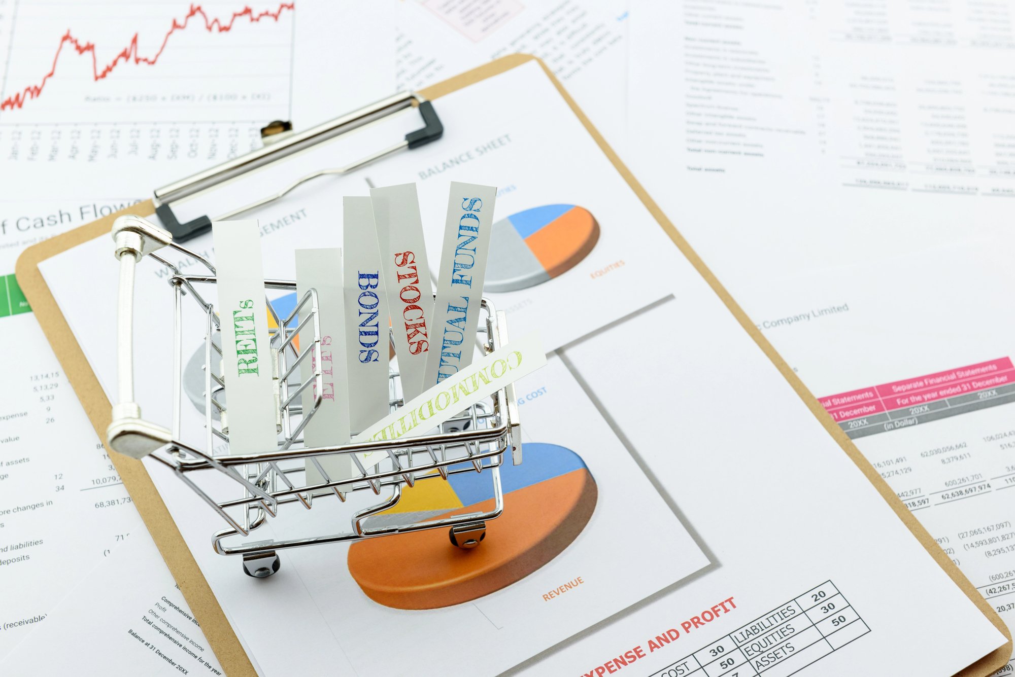Shopping cart full of different investment products to represent diversification