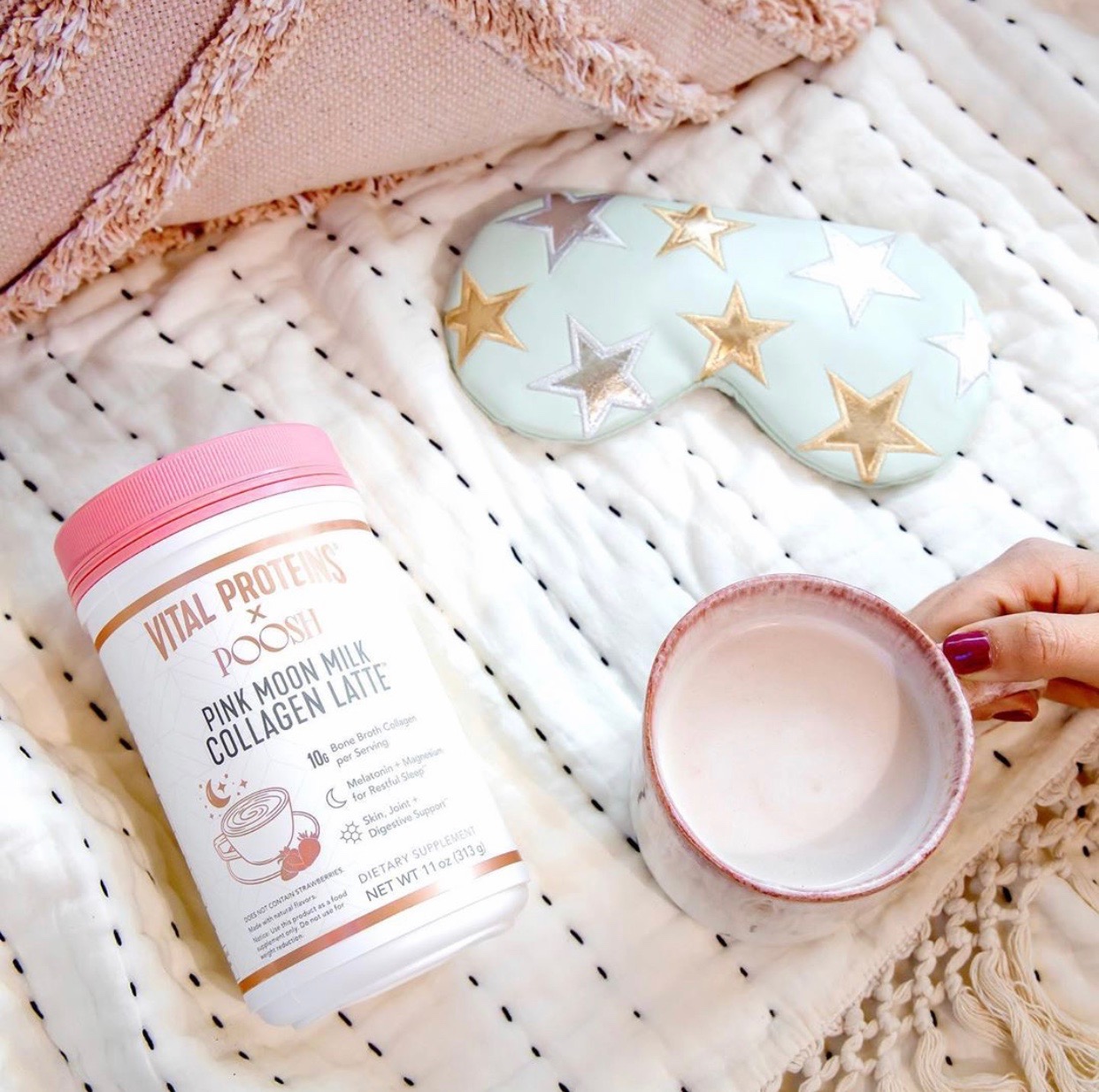 Everyone needs their beauty sleep and Vital Proteins has collaborated with Kourtney Kardashian to help give you just that. BONUS it tastes like strawberries!! This collagen latte helps to support hair, skin, and nails mixed with melatonin and magnesium! So if you are needing some good beauty sleep, this sweet drink is perfect for you!