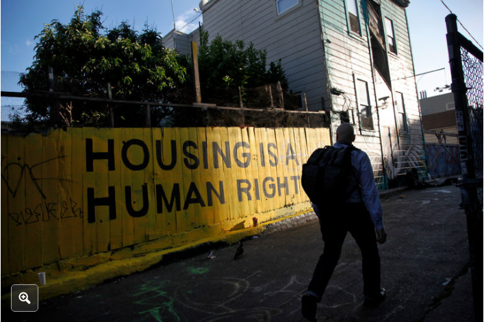 Murals along Clarion Alley in San Francisco address the rising housing costs. Credit Preston Gannaway for The New York Times