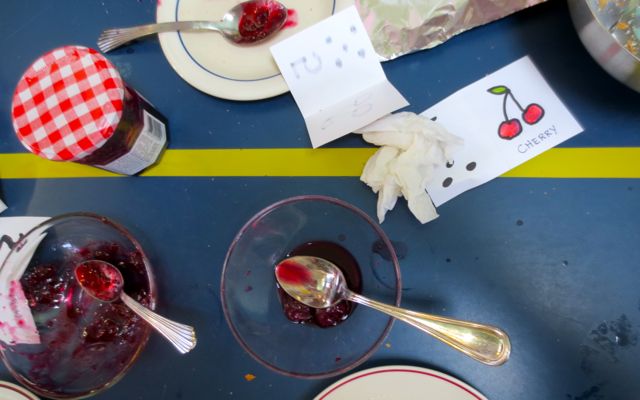 The leftovers from the cherry mountain pie table.