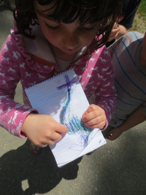 One of the children brought a map she made at home. She was especially afraid of this idea of navigating the trail without the help of an adult so she drew this map to help her get through it. The first time the children went, she stayed with me. I showed her how the children would stop to make eye contact with me before continuing. When they got back from their adventure, they wanted to go again. This time she went with them. Win!