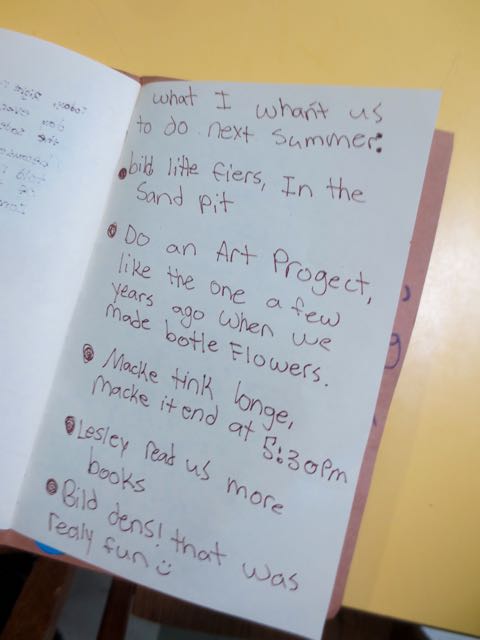 We regularly ask the nursery school children about their experiences. “What works for you and what doesn’t?” is the prompt. This photo shows the written suggestions from one of our Tink campers. “What worked and what would make your experience better?” was the prompt they used to help us build a better program next year.