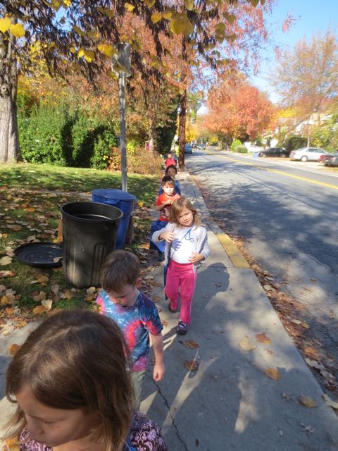 Walking along the sidewalk.