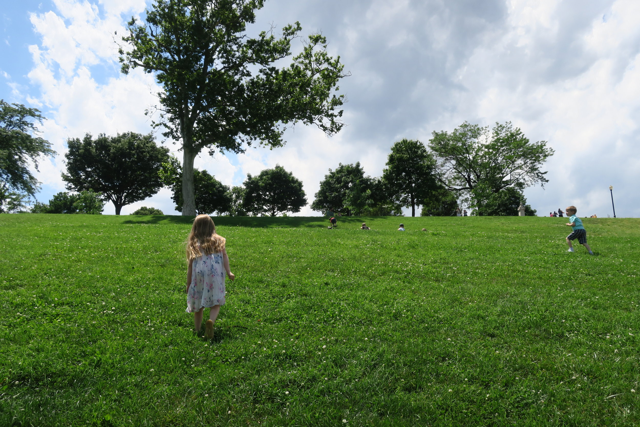 Training eye and head movement. The horizontal line of the ridge of Federal Hill in Baltimore is changeable as the children climb and the reward of looking far and wide is a gift. We are always on the lookout for hills to roll down and when the Tracks class visits Baltimore it is a must-do. Rolling down hills provides a full body, propioception-rich experience.