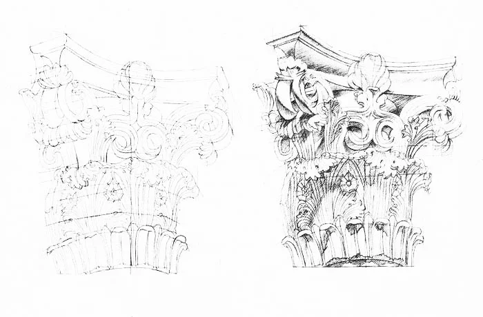 Sketch of the roman building capital Devious Augustus. Also called the Temple of Caesar or Temple of Divus Iulius. Many of the temples and ‘religious’ structures of the Augustan age were Corinthian, such as the temple of Mars and Ultor. The sketch was intended to show the fusion of Greek ideology and influence in so much of roman architecture. I have always been interested in the early Roman culture and their influence by the Greeks, particularly the early Greek philosophers Plato and Socrates and statesman like Cicero and Roman historians Titus Livius, Sallust and Tacitus which provide a well-developed understanding of Roman architecture.