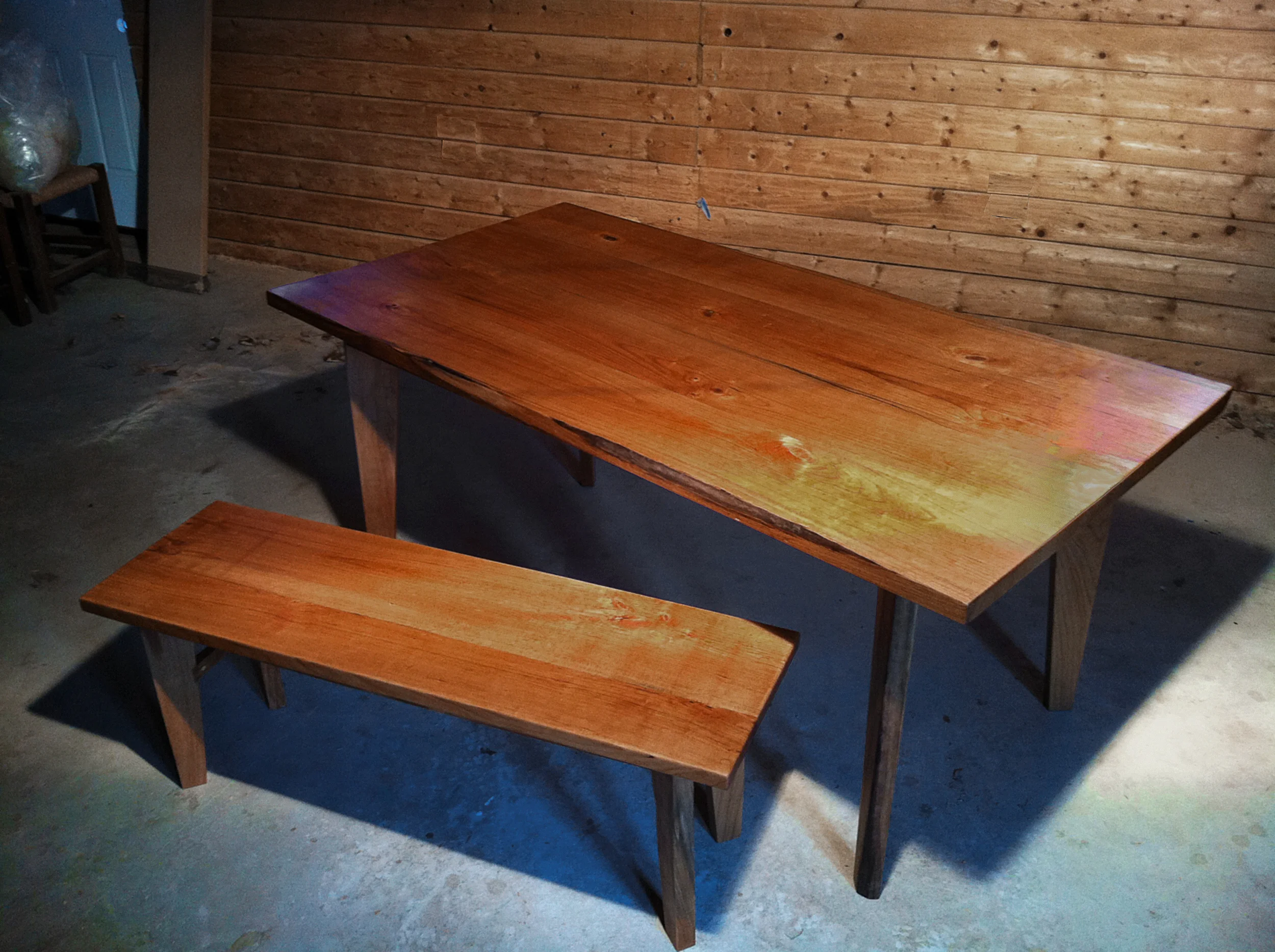  6 ft cherry table, 4 ft bench 