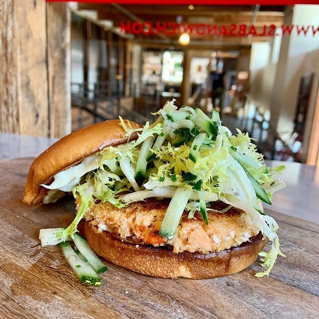 Special for you! Salmon burger with lemon aioli, crunchy cucumbers and a brioche bun. Yum yum yum 😛 make sure you come by today because we will be closed tomorrow for the BLM march!