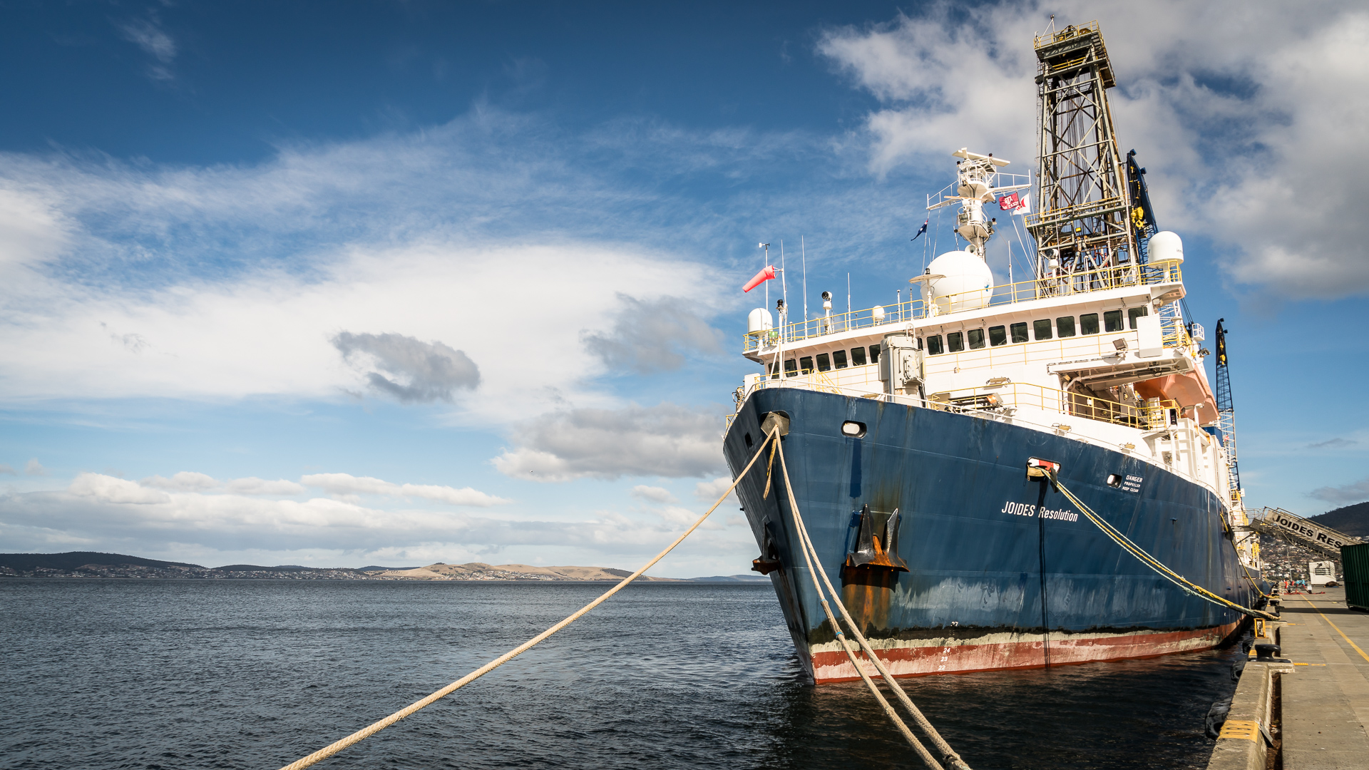 The JOIDES Resolution in port in Hobart, Australia. The boat only goes into port every 2 months to re-supply and start a new expedition Each expedition lasts two months and has a specific scientific aim.
