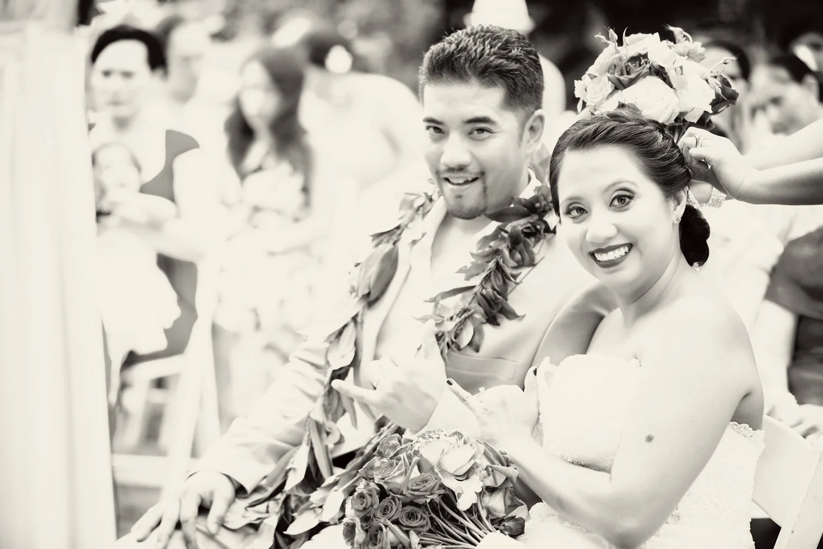 Oahu Hawaii Destination Wedding Photos Bride and Groom hang ten
